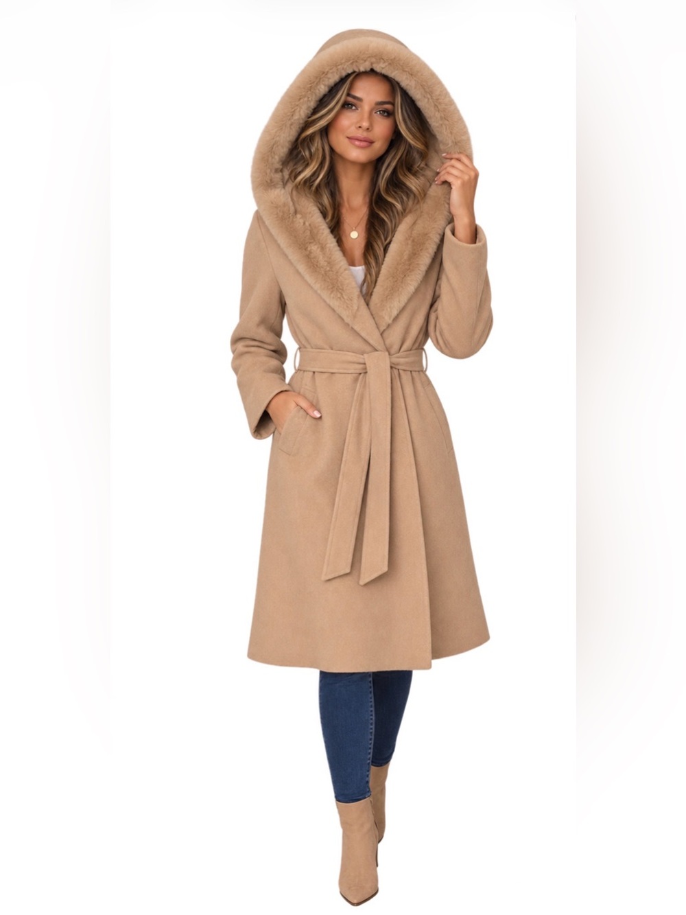 H&M Belted Coat with Overaized Fur Lined Hood